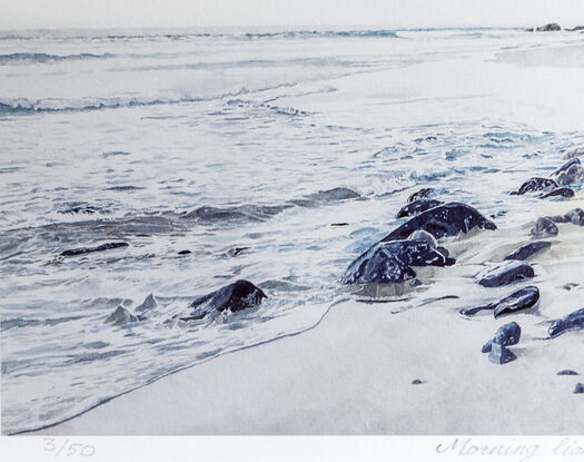 This landscape, watercolour painting is of  Little Cove Beach, Noosa National Park early morning when the tide is running out.  

I've painted  a  corner of the heavily wooded National Park rainforest which leads down to the medium sized, bluish grey to white rocks that  protect the beach.  Tiny, ocean waves break over these beach rocks, covering some of the edge sand with the outgoing tide.  