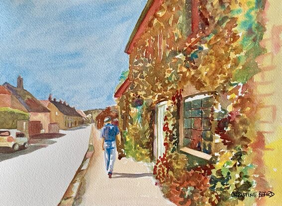 artwork showing a man walking along a street fronted by an ivy covered cottage
