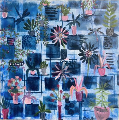 Dark blue squares with added painting marks, a variety of pots with a variety of plants inside the pots. Plants and pots are shades of green, blue and magenta in varying tones and two darting dragonflies complete the picture.