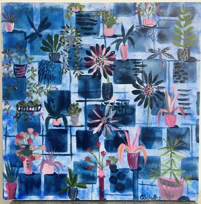 Dark blue squares with added painting marks, a variety of pots with a variety of plants inside the pots. Plants and pots are shades of green, blue and magenta in varying tones and two darting dragonflies complete the picture.