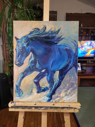  blue horse running, contemporary, original oil painting, size 16"x20", 2023