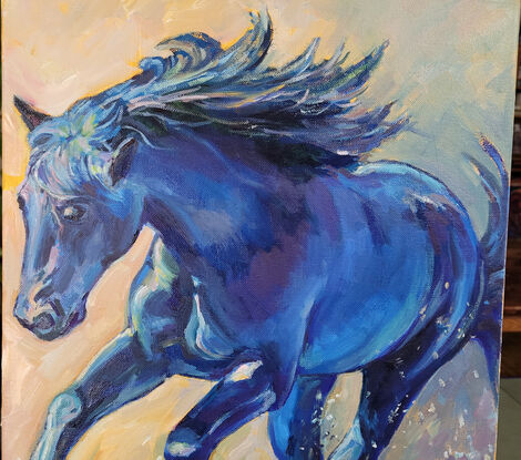  blue horse running, contemporary, original oil painting, size 16"x20", 2023