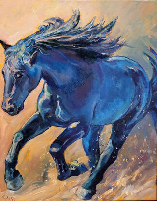  blue horse running, contemporary, original oil painting, size 16"x20", 2023