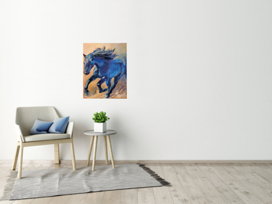  blue horse running, contemporary, original oil painting, size 16"x20", 2023