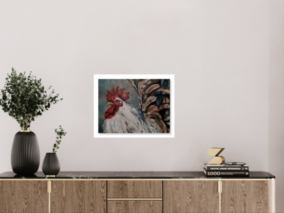 A profile of a rooster with a prominent red cone and large brown tailfeathers.