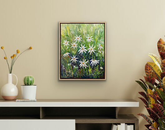 A snapshot of little white flowers dancing in the breeze. There are splashes of yellow, warm ochre and vivid greens in stark contrast to the beauty of the white flowers. 