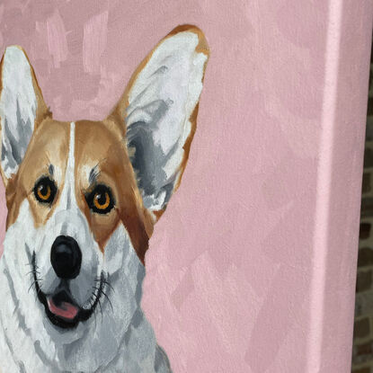 Smiling corgi dog painted on a smallish square pink canvas