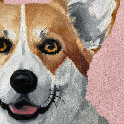 Smiling corgi dog painted on a smallish square pink canvas