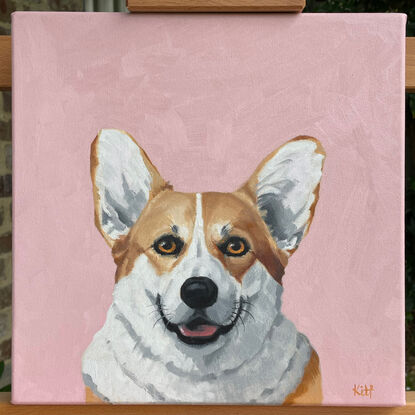 Smiling corgi dog painted on a smallish square pink canvas