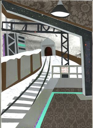 A depiction of a train station with an oriental atmosphere during snow season. it uses a variety of paper and textures to convey more detail figuratively with a grey scale palette highlighted with traces of turquoise.