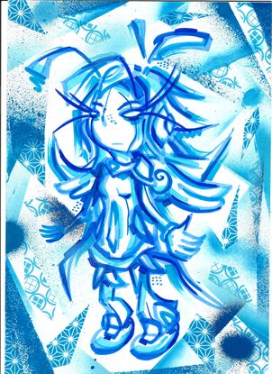 A stylized depiction of an  ice goddess, done using alcohol markers on cardboard with Origami paper and Aerosol paint accentuations. done in all blue hues.   