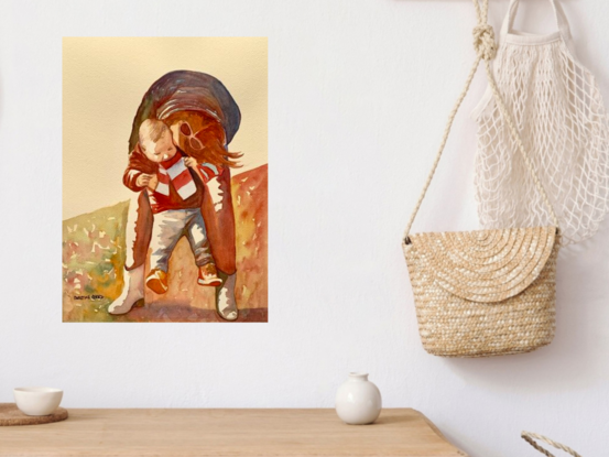 artwork showing a toddler being swung in the air by his mother
