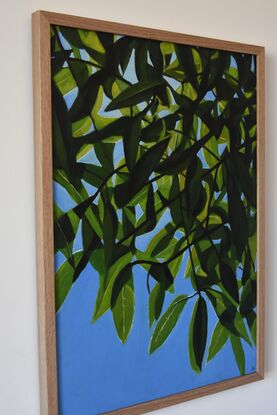 overlapping green leaves in sharp sunlight and dark shadow are viewed from below against a brilliant blue sky.