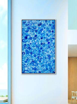 a beautiful layered acrylic painting in blue on blue on blue on blue.  Has the feeling of blue jelly fish in the ocean.incredible depth and sense of peace