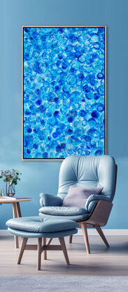 a beautiful layered acrylic painting in blue on blue on blue on blue.  Has the feeling of blue jelly fish in the ocean.incredible depth and sense of peace