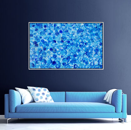 a beautiful layered acrylic painting in blue on blue on blue on blue.  Has the feeling of blue jelly fish in the ocean.incredible depth and sense of peace