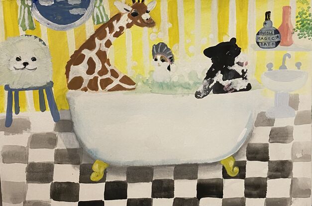 A giraffe sits in a bath with a bear and cat , supervised by a  fluffy white dog 