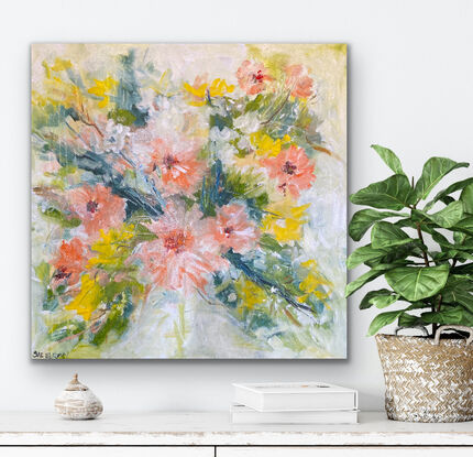 A light filled piece with very soft green tones in the background and a riot of soft peach toned flowers and yellow and white complementary flowers that ramble over the canvas. There is a delicate soft feel to this art as the flowers emerge with energy and in all their vibrant tones. This is a heartwarming piece to catch your eye. 