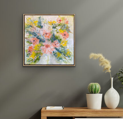 A light filled piece with very soft green tones in the background and a riot of soft peach toned flowers and yellow and white complementary flowers that ramble over the canvas. There is a delicate soft feel to this art as the flowers emerge with energy and in all their vibrant tones. This is a heartwarming piece to catch your eye. 