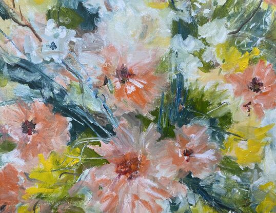 A light filled piece with very soft green tones in the background and a riot of soft peach toned flowers and yellow and white complementary flowers that ramble over the canvas. There is a delicate soft feel to this art as the flowers emerge with energy and in all their vibrant tones. This is a heartwarming piece to catch your eye. 