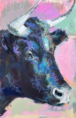 An original mixed media painting of a cow's head, painted in lively colours and an expressive mark making style, on board ready to hang with wire fastened to the back. 