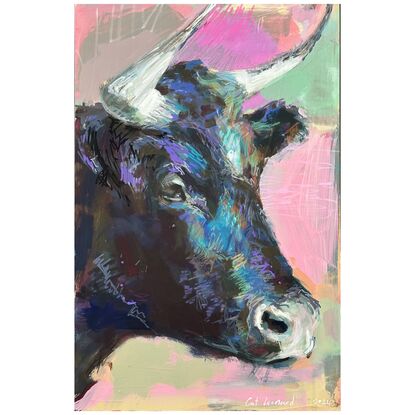 An original mixed media painting of a cow's head, painted in lively colours and an expressive mark making style, on board ready to hang with wire fastened to the back. 