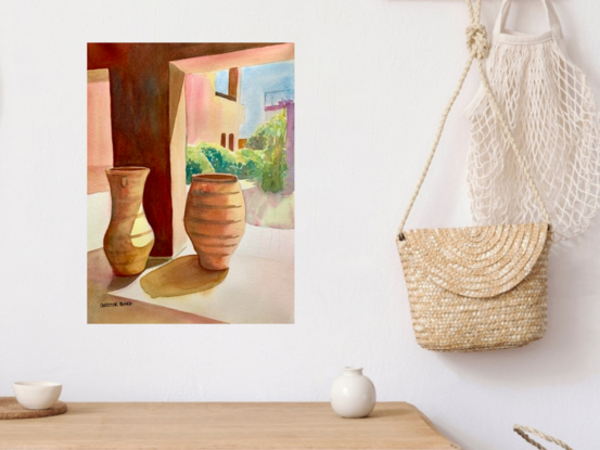 artwork showing a group of terracotta pots in a courtyard

