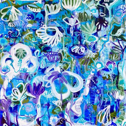 Large and small swirling shapes depicting flowers and trees in shades of blues and purples with white 