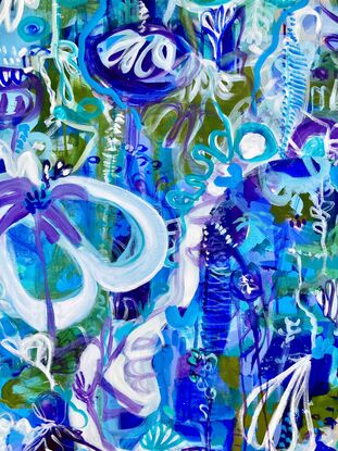 Large and small swirling shapes depicting flowers and trees in shades of blues and purples with white 