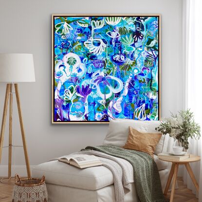 Large and small swirling shapes depicting flowers and trees in shades of blues and purples with white 