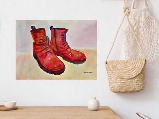 artwork showing a pair of well loved red leather boots
