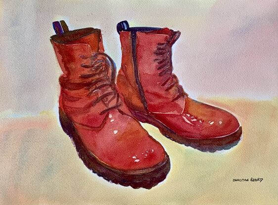 artwork showing a pair of well loved red leather boots
