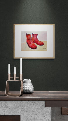 artwork showing a pair of well loved red leather boots
