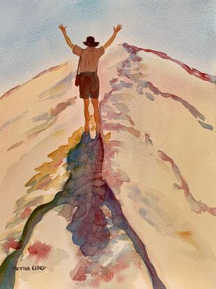 artwork featuring a man climbing towards the top of an enormous sand dune
