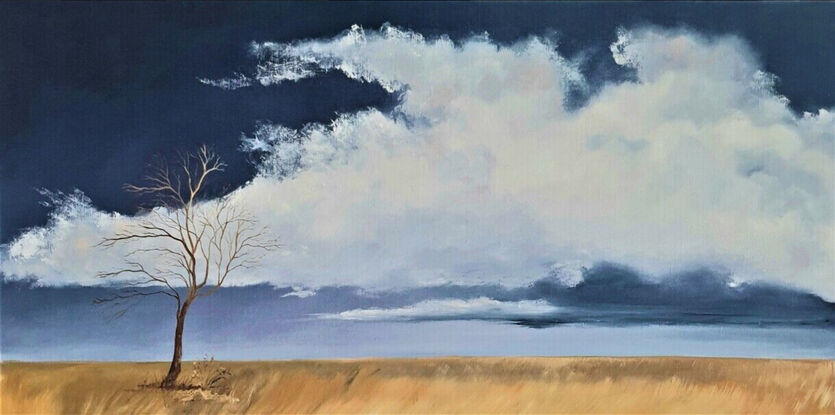 a quiet  landscape on linen with soft clouds wantering across a vast blue sky, tree in the foreground