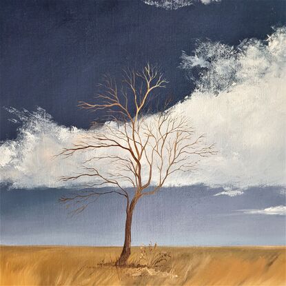 a quiet  landscape on linen with soft clouds wantering across a vast blue sky, tree in the foreground