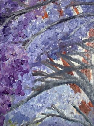 arching flowering jacarandas and gumtrees with dappled light
