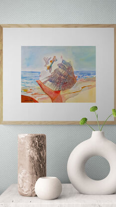 artwork featuring a man proudly showing his conch shell to a photographer
