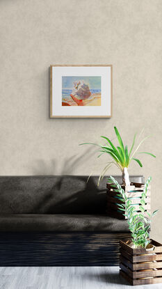 artwork featuring a man proudly showing his conch shell to a photographer
