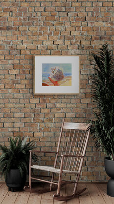 artwork featuring a man proudly showing his conch shell to a photographer
