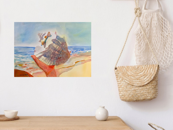 artwork featuring a man proudly showing his conch shell to a photographer
