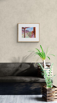 artwork showing a man standing in the strawy shade of a rustic patio looking out at the view
