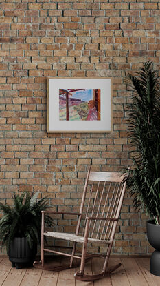 artwork showing a man standing in the strawy shade of a rustic patio looking out at the view
