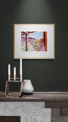 artwork showing a man standing in the strawy shade of a rustic patio looking out at the view
