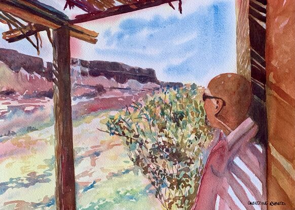 artwork showing a man standing in the strawy shade of a rustic patio looking out at the view
