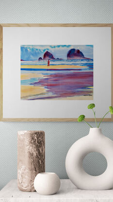 artwork showing people walking on a beach with rocky outcrops in the misty distance
