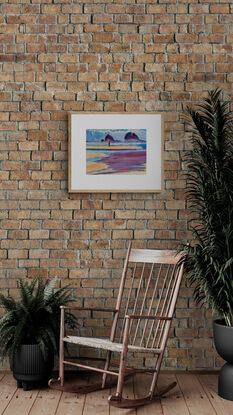 artwork showing people walking on a beach with rocky outcrops in the misty distance
