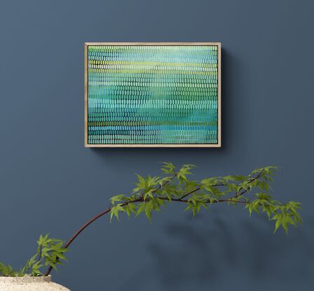 A tonal painting with blue and pink green background, covered in a multitude of small brush stroke shapes creating a veneer across the canvas in all shades of herb green colours.