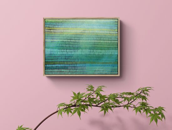 A tonal painting with blue and pink green background, covered in a multitude of small brush stroke shapes creating a veneer across the canvas in all shades of herb green colours.