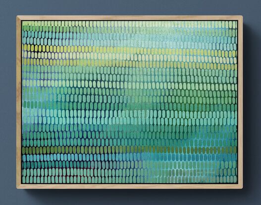 A tonal painting with blue and pink green background, covered in a multitude of small brush stroke shapes creating a veneer across the canvas in all shades of herb green colours.